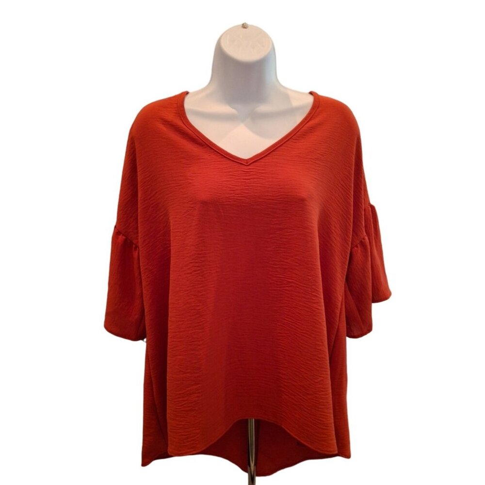 Dress Up V Neck 3/4 Sleeves Top Crinkle Fabric Womens Oversized Large Red